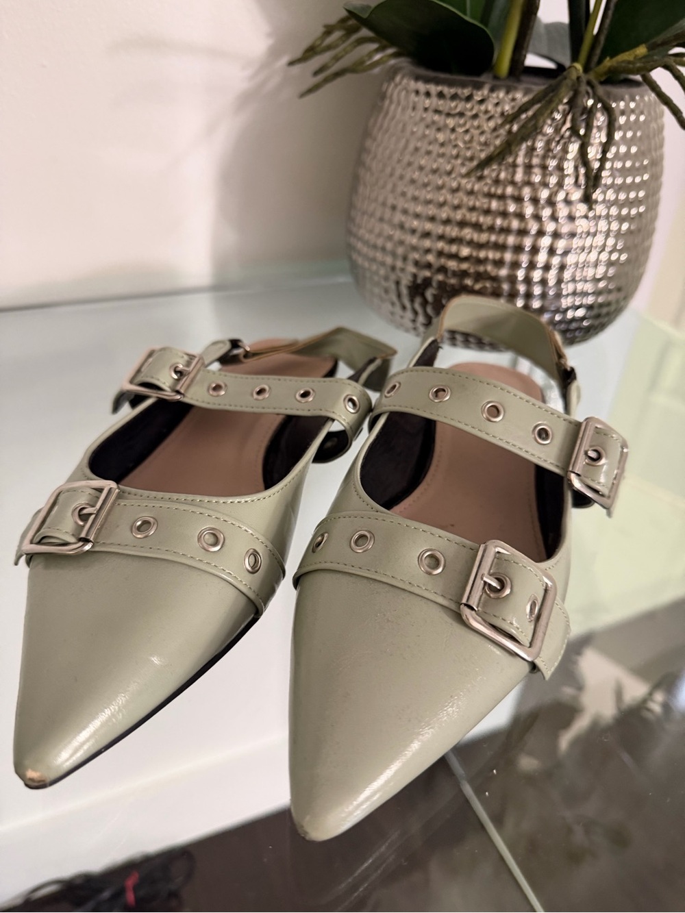 Pointed Buckle Slingback Flats in Light Sage